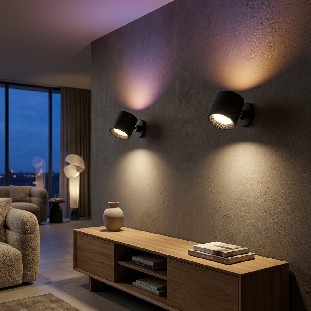 Mıknatıslı çift taraflı LED aplik ile aydınlatılmış salon duvarı