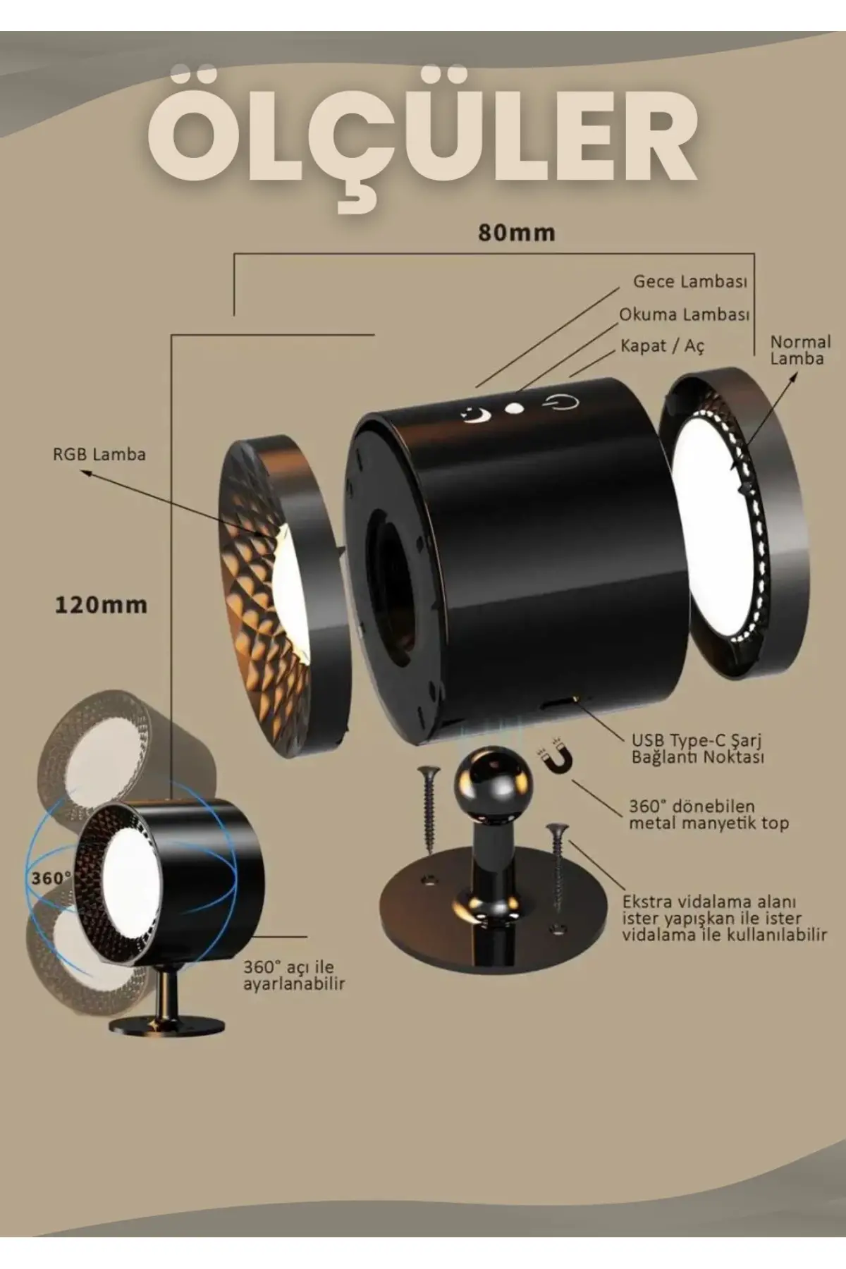 80x120 mm Mıknatıslı LED Duvar Apliği Ölçüleri